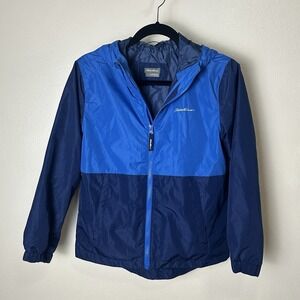 Eddie Bauer Windbreaker Jacket Kids 10/12 Blue Full Zip Pockets Hood‎